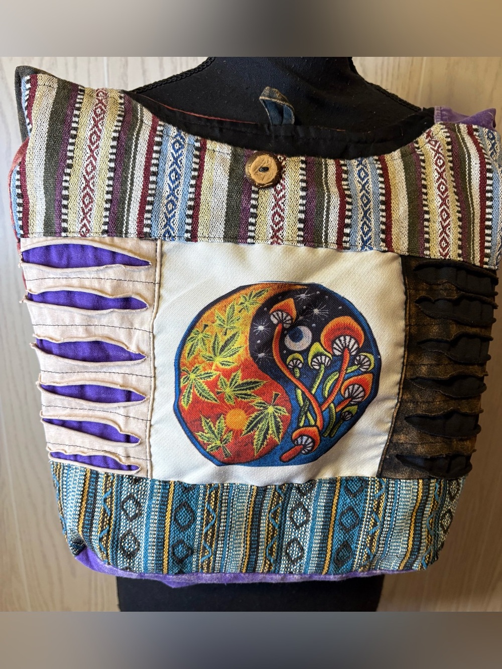 Hippie Cotton Handmade Patchwork Crossbody Bag Womens Boho Artsy Mushrooms